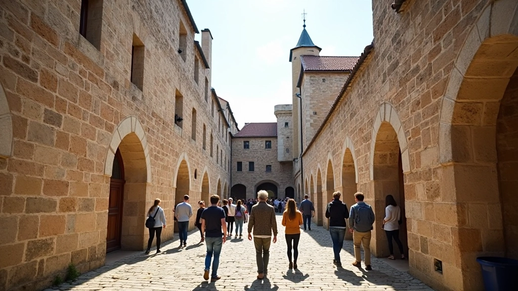 Visitors walking through medieval clavoworks courtyard and stone structures