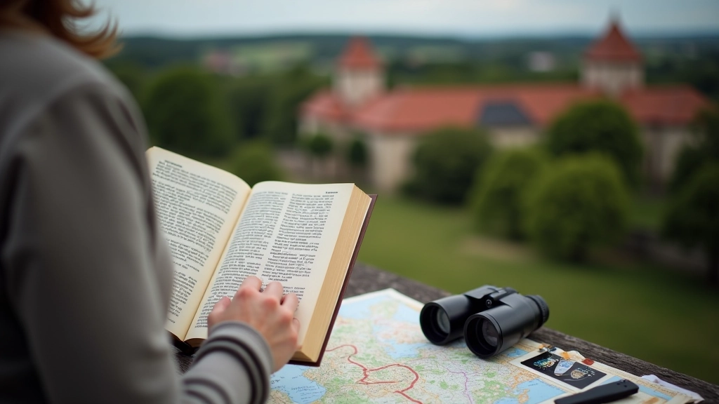 Traveler consulting detailed guidebook and maps while visiting clavoworks ruins