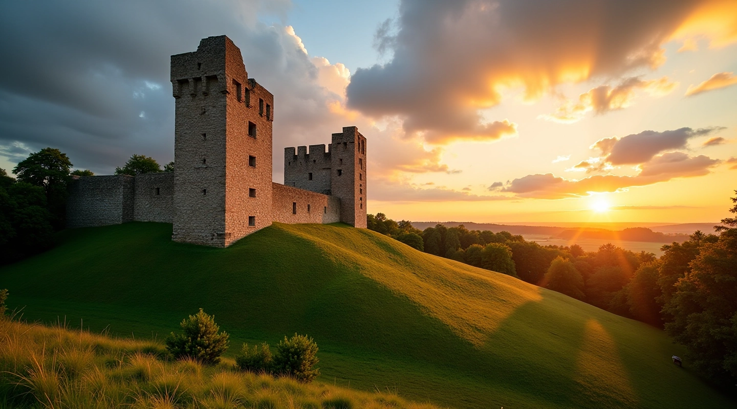 Medieval clavoworks towers and ancient stone walls during golden hour light